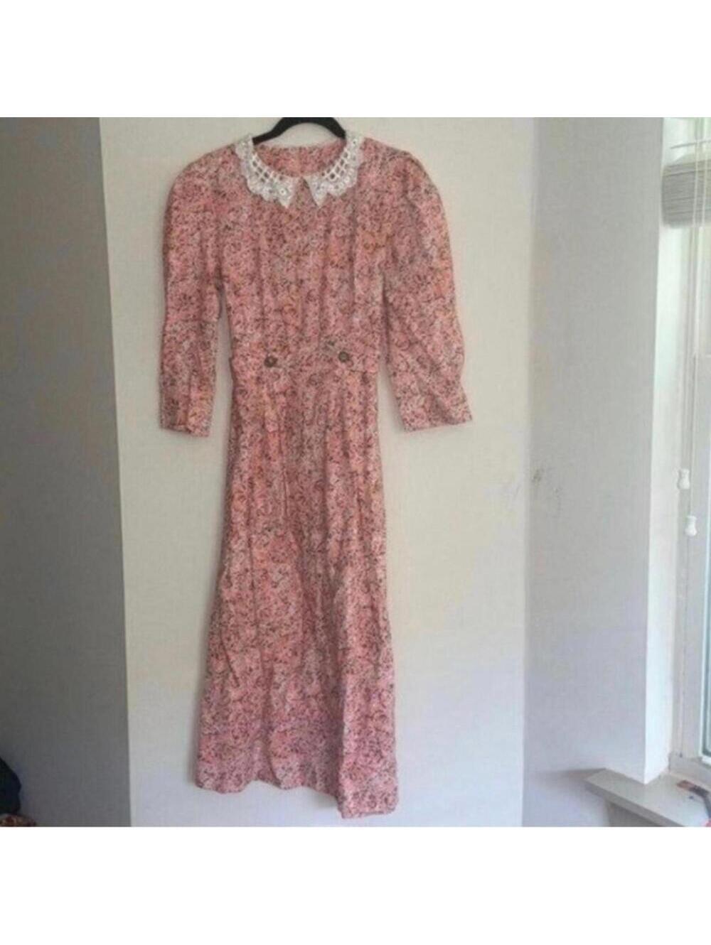 Vintage Handmade Pink Prairie Girl 1/2 Sleeve Scribble Print Dress